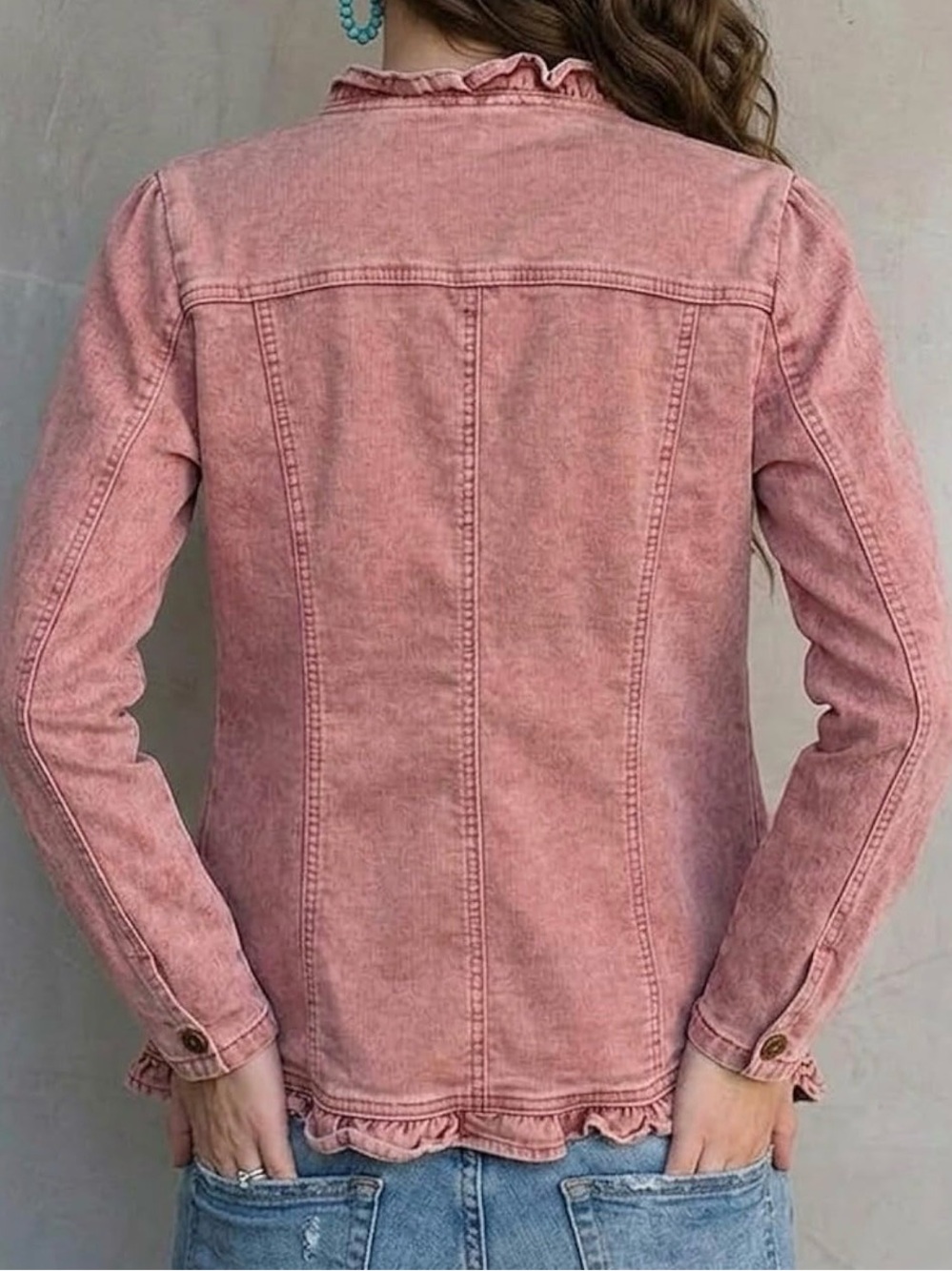 Women's Ruffle Trim Pink Jacket - Casual Tailored Coat - Picture 2 of 5
